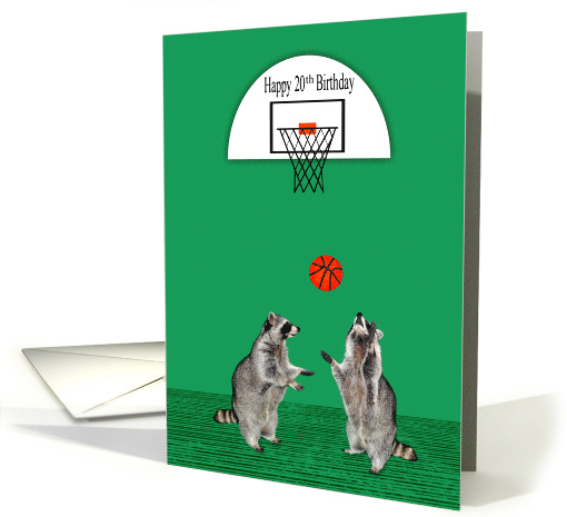 20th Birthday with Cute Raccoons Playing Basketball Under a Hoop card