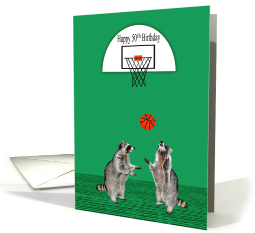 50th Birthday, Two cute raccoons playing basketball with a hoop card