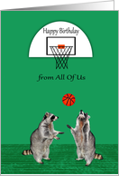 Birthday from All Of Us, Raccoons playing basketball with hoop, green card
