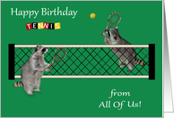 Birthday from All Of Us, Two raccoons playing tennis with rackets card