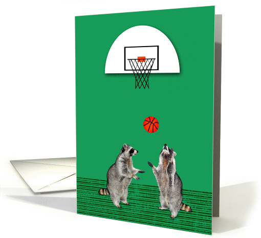 Any Occasion Black Note Card, Raccoons playing basketball... (833606)