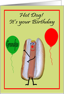 Birthday to Grandpa, Hot Dog with cute face, green and red balloons card