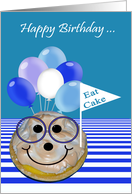 Birthday, general, Pie wearing glasses with a big smile and balloons card