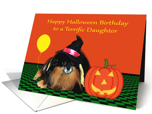Birthday on Halloween to Daughter, Adorable Pomeranian as a witch card
