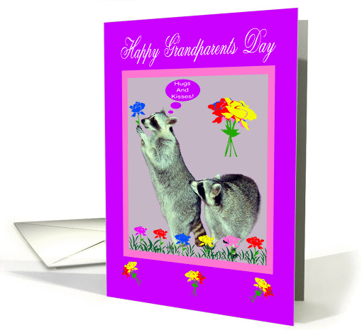 Grandparents Day, general, Raccoons with flowers on purple, pink card