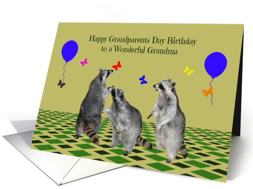 Birthday On Grandparents Day to Grandma, Raccoons with balloons card