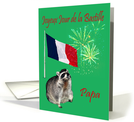 Bastille Day To Dad, French, raccoon wearing beret with fireworks card