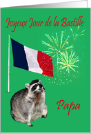 Bastille Day To Dad, French, raccoon wearing beret with fireworks card