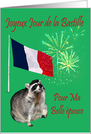 Bastille Day To Wife, French, raccoon wearing beret with fireworks card