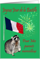 Bastille Day To Parents, French, raccoon wearing beret with fireworks card