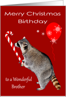 Birthday on Christmas to Brother, Raccoon eating candy cane, balloon card