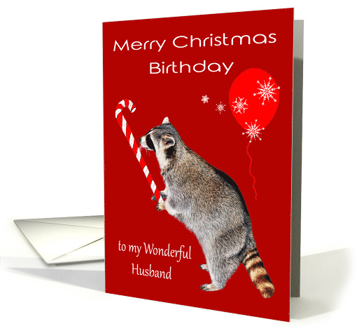 Birthday on Christmas to Husband Raccoon Eating a Candy Cane card
