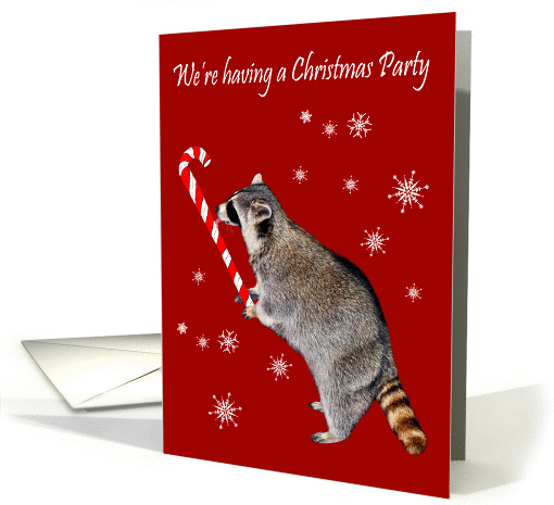 Invitations, Christmas Party, general, Raccoon eating candy cane card