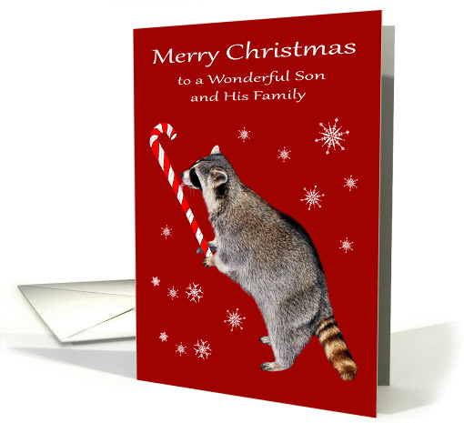 Christmas to Son and His Family, Raccoon eating a big candy cane card