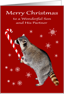 Christmas to Son and His Partner, Raccoon eating a big candy cane card