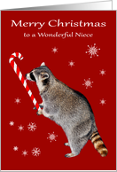 Christmas to Niece, Raccoon eating a big red and white candy cane card