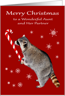 Christmas to Aunt and Her Partner, Raccoon eating a candy cane, red card