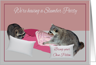 Invitations, Slumber Party, adorable raccoons having a pillow fight card