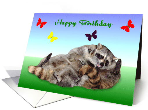 Birthday, general, two adorable raccoons playing with butterflies card