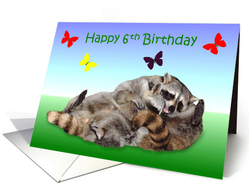 6th Birthday, adorable raccoons wrestling on a gradient... (840661)
