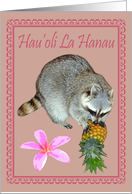 Birthday Hawaiian Raccoon with a Pineapple and Hawaiian Flower card