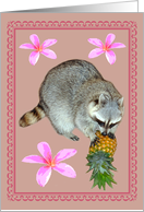 All Occasion Blank Note Card, Raccoon with pineapple and Hawaiian flower card