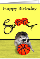 Birthday to Coach, a cute raccoon with a basketball on yellow, swoosh card