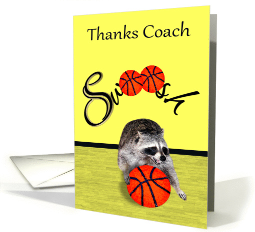 Thank You to Coach, a cute raccoon with a basketball on yellow card