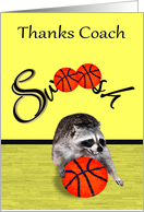 Thank You to Coach, a cute raccoon with a basketball on yellow card