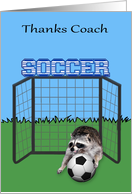 Thank You to Coach, soccer, raccoon with soccer ball in front of net card