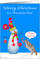 Christmas to Dad, Raccoon eating a candy cane with snowman, blue card