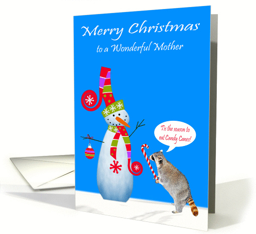 Christmas to Mother, Raccoon eating a candy cane with snowman card