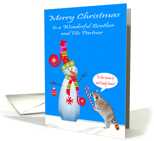 Christmas to Brother and Partner, Raccoon eating a candy cane card