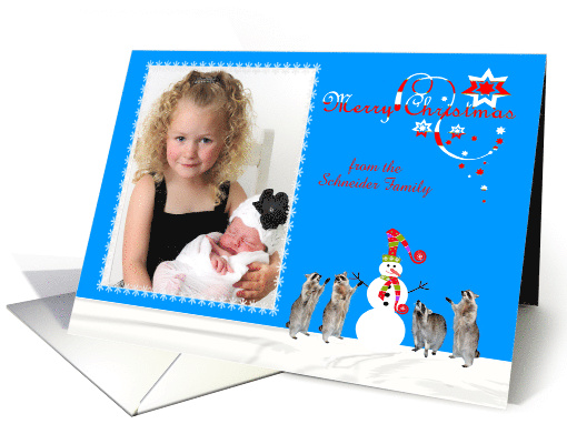 Christmas, custom name photo card, Raccoons with snowman on blue card