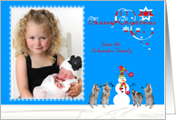 Christmas, custom name photo card, Raccoons with snowman on blue card
