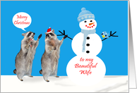 Christmas to Wife, Raccoons with Snowman and bird on blue in snow card