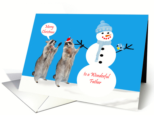 Christmas to Father, Raccoons with Snowman and bird on... (851521)