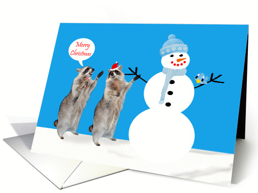 Christmas, general, Raccoons with Snowman and bird on blue... (851522)