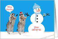 Christmas from All Of Us, Raccoons with snowman and bird in snow card