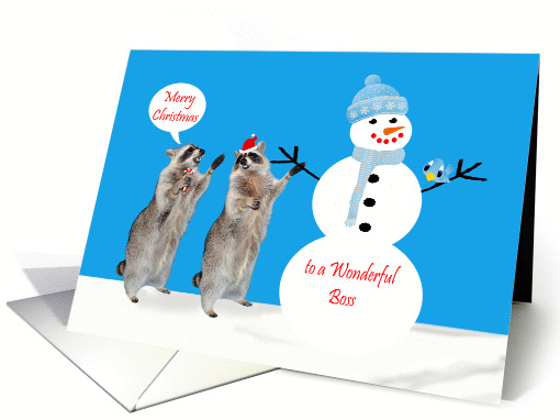 Christmas to Boss, Raccoons with snowman and bird in snow on blue card