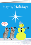 Happy Holidays, general, Raccoons with yellow snowman on blue, bird card