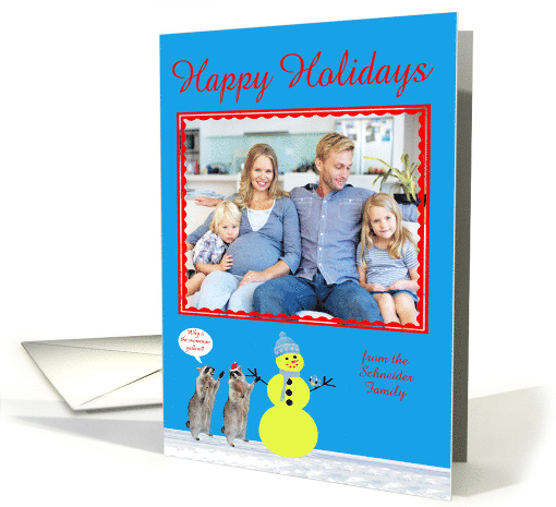 Christmas, custom name photo card, Raccoons with yellow snowman card