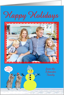 Christmas, custom name photo card, Raccoons with yellow snowman card