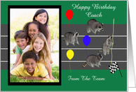 Birthday To Coach Photo Card, custom, four raccoons ready to run card