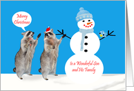 Christmas to Son and Family, Raccoons with snowman and bird, blue card