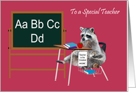 Teacher Appreciation Day, Raccoon in school desk with books, apple card