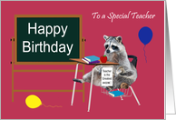 Birthday For Teacher, Raccoon in school desk with books, apple card