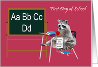 First Day Of School, Raccoon in school desk with books, apple and note card