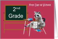 First Day of School in 2nd Grade with a Raccoon in a School Desk card