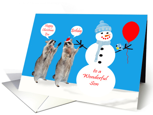 Birthday on Christmas Eve to Son with Raccoons and Snowman card